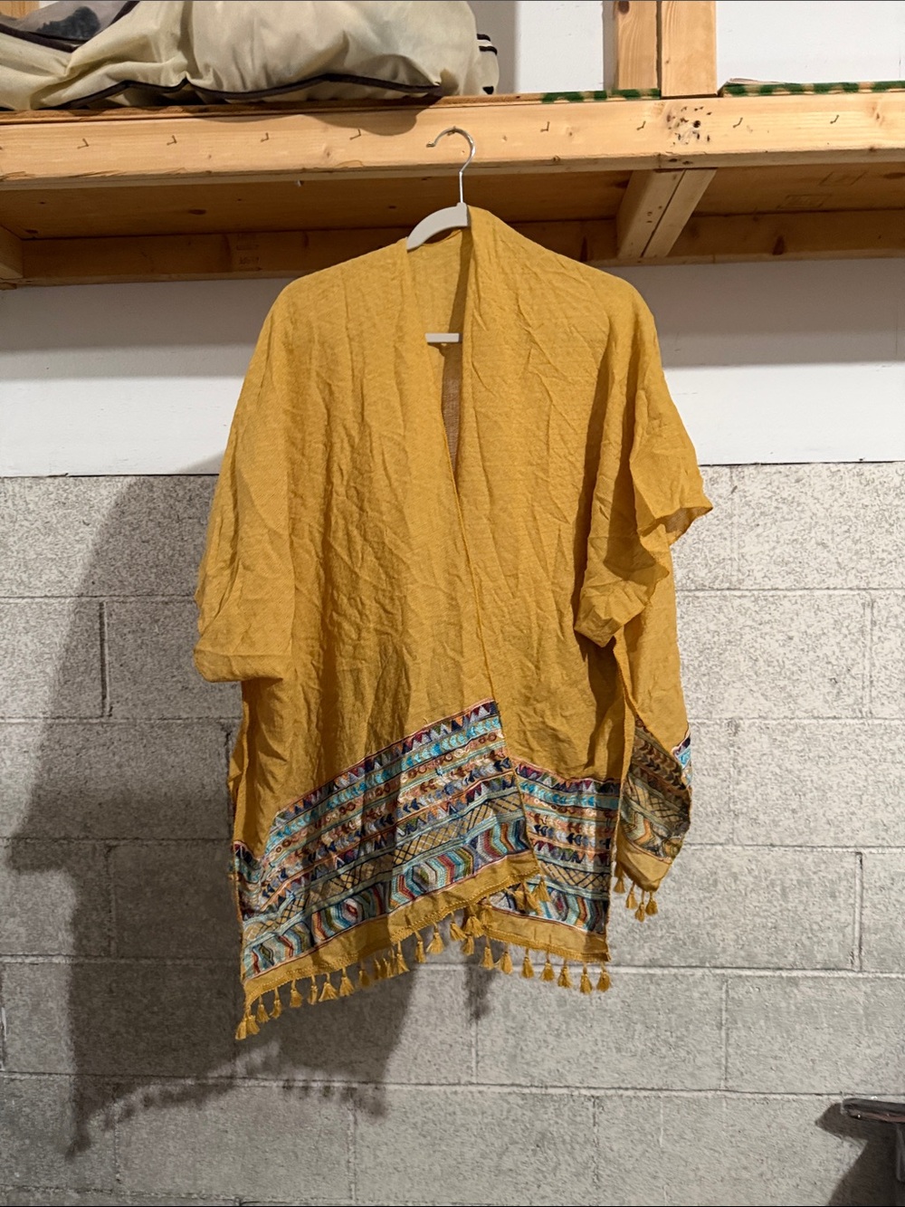 Three Bird Nest Mustard Yellow Embroidered Tassel Kimono Cape